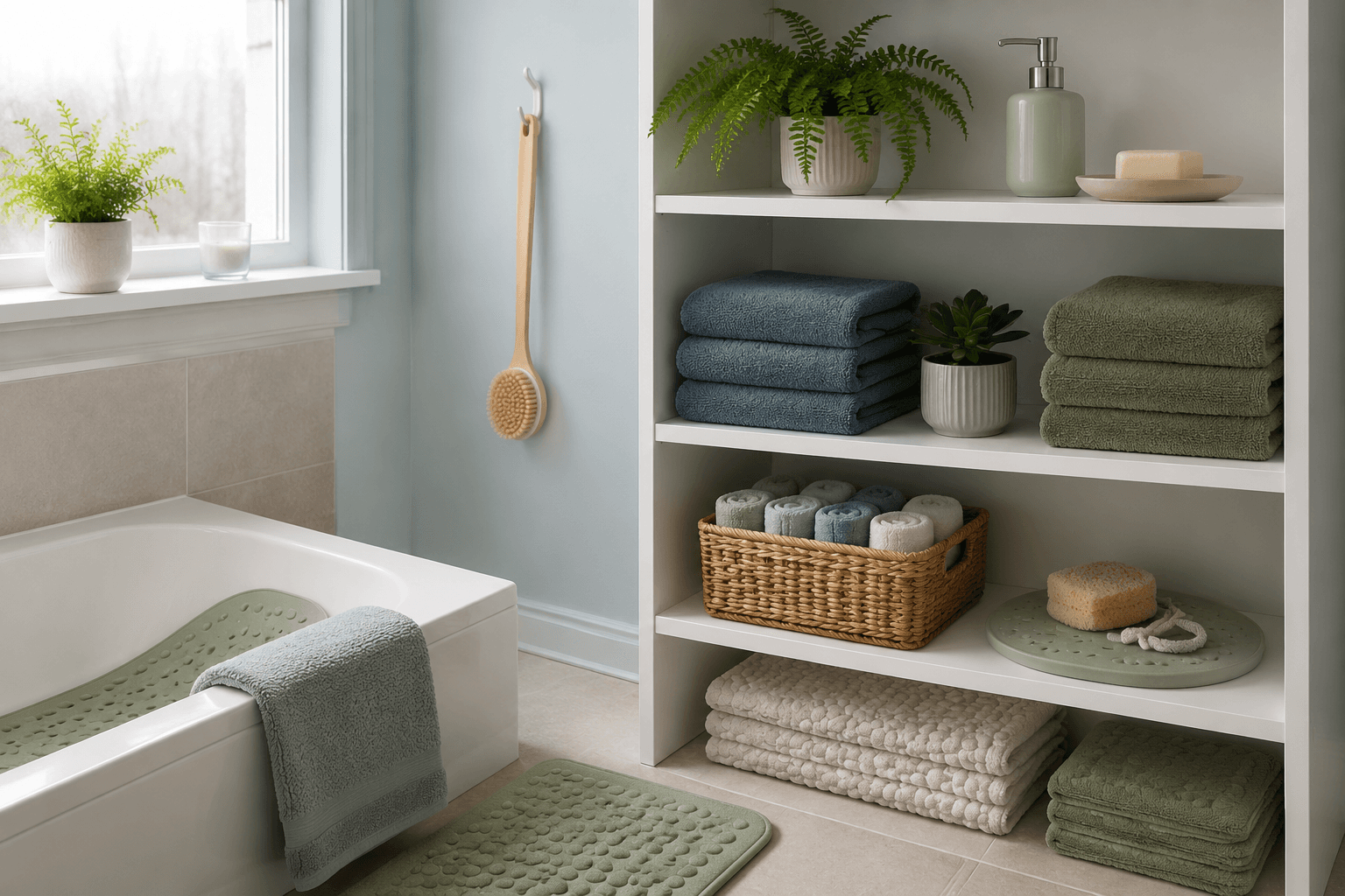 A calm, tidy bathroom shelf