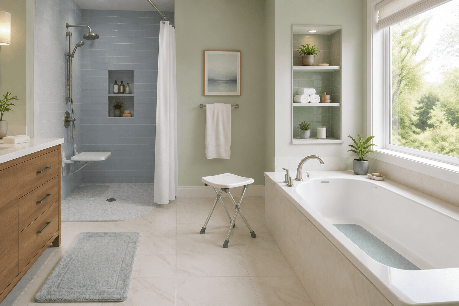 A bright, calm bathroom set up with non-slip accessories